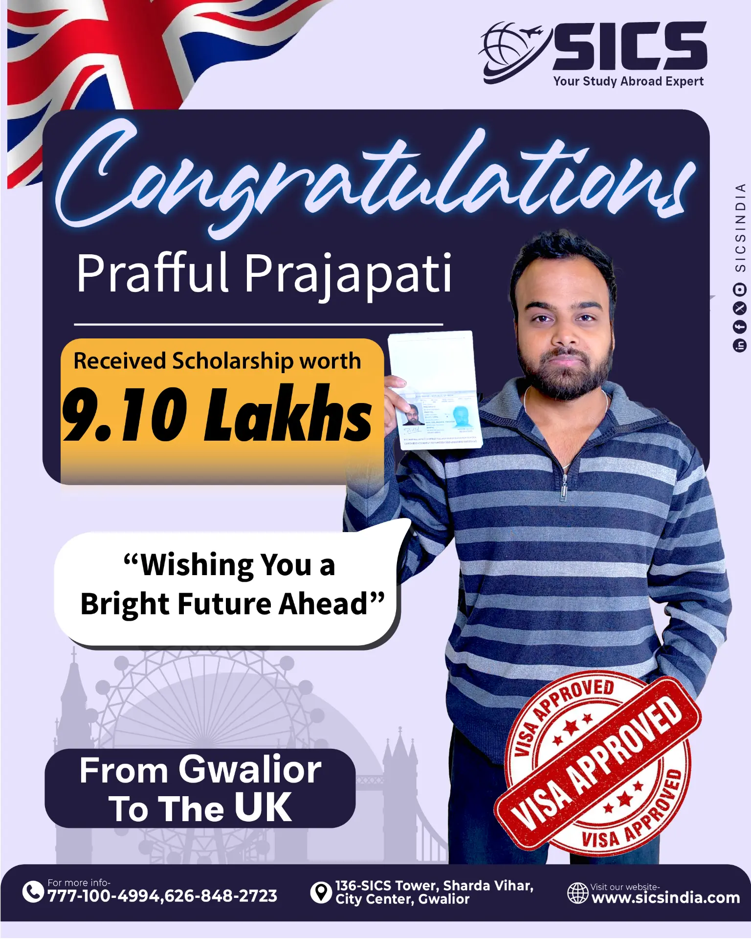 Prafful Prajapati — UK · ₹9.10L Scholarship